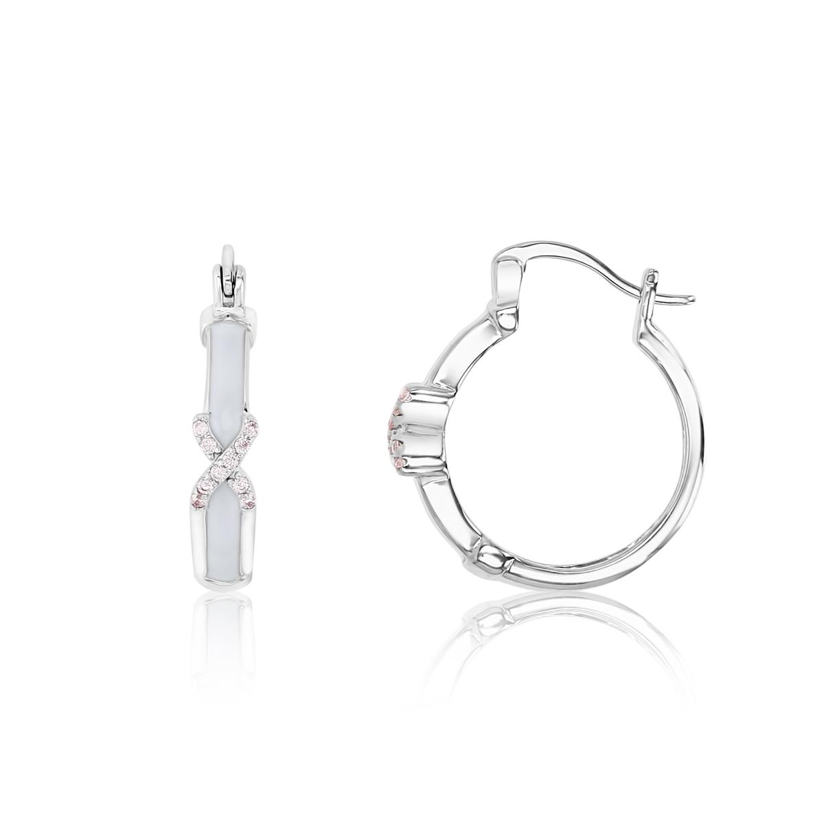 Sterling Silver Rhodium 21X4MM Polished Pink CZ Pave 'X' Hoop Earring