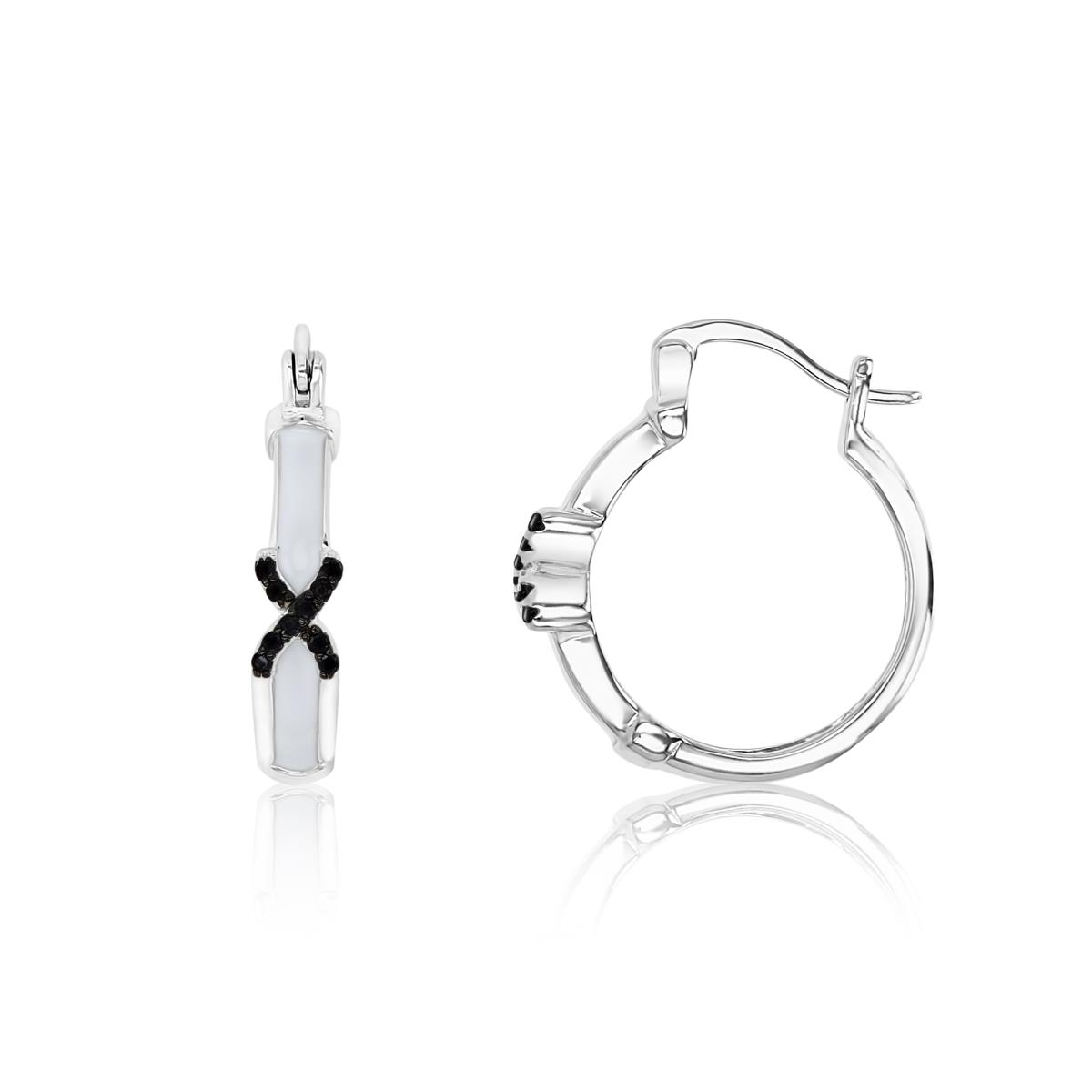 Sterling Silver Rhodium 21X4MM Polished Black Spinel Pave 'X' Hoop Earring