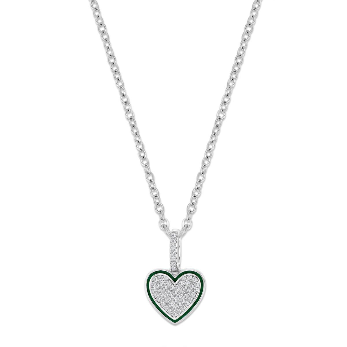 Sterling Silver Rhodium 28X13MM Polished White CZ Pave Heart & Green Enamel Dangling 18'' Necklace