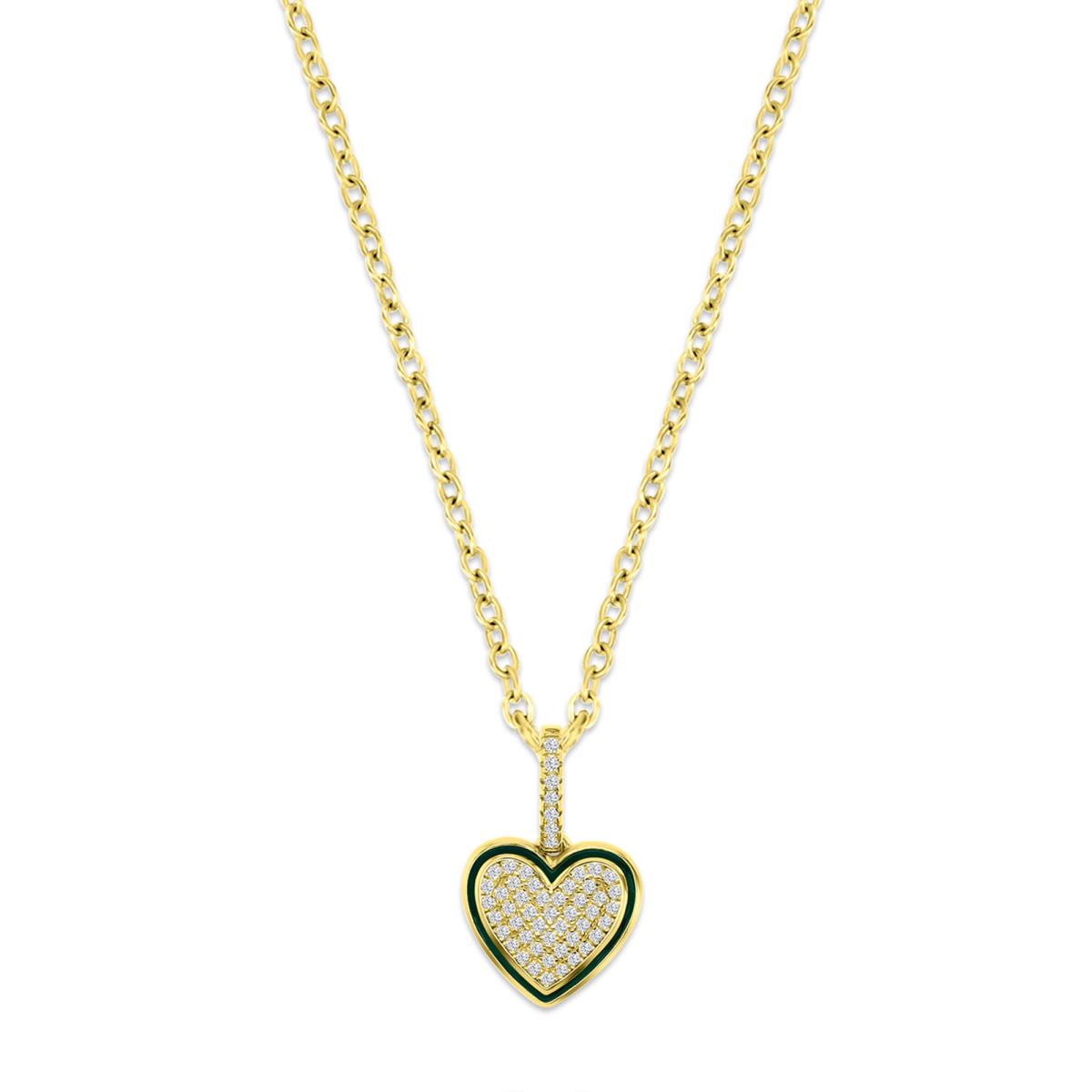 Sterling Silver Yellow 1M 28X13MM Polished White CZ Pave Heart & Green Enamel Dangling 18'' Necklace
