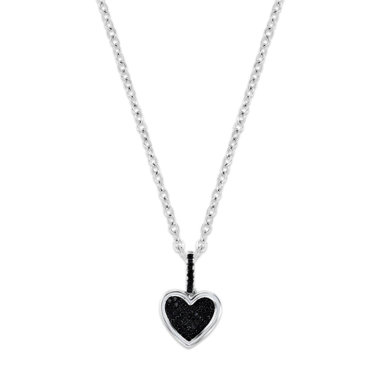 Sterling Silver Rhodium 28X13MM Polished Black Spinel  Pave Heart & White Enamel Dangling 18'' Necklace