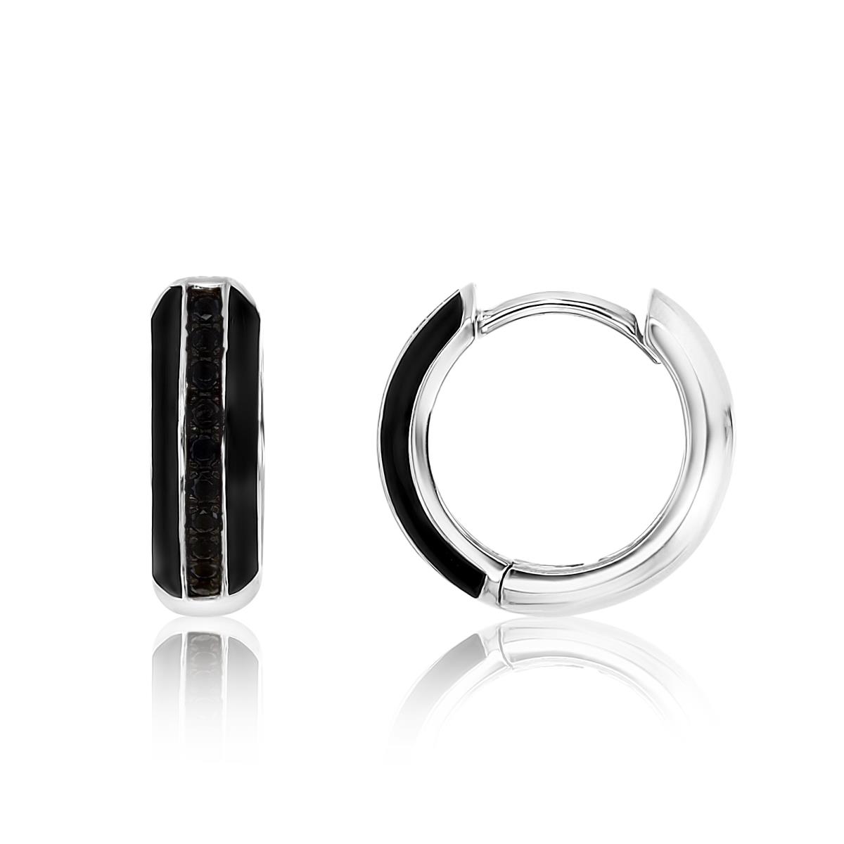 Sterling Silver Rhodium 14X5MM Polished Black Spinel & Black Enamel Huggie Earring