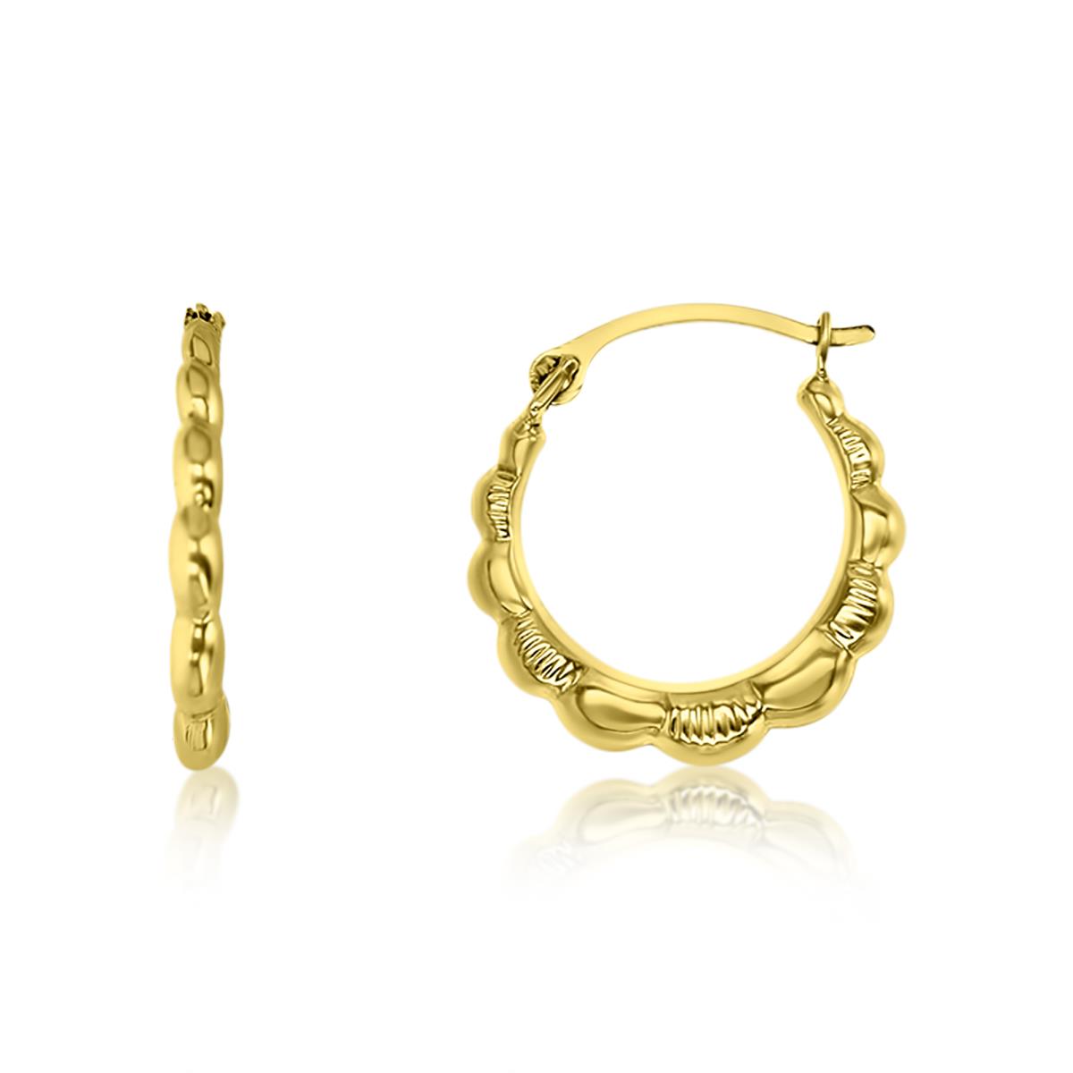 14K Yellow Gold 15X2MM Textured Floral Hoop Earring