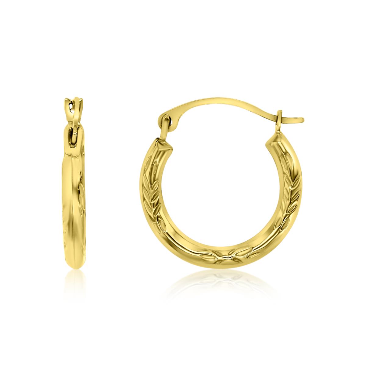 14K Yellow Gold 15X2MM Flower Diamond Cut Hoop Earring