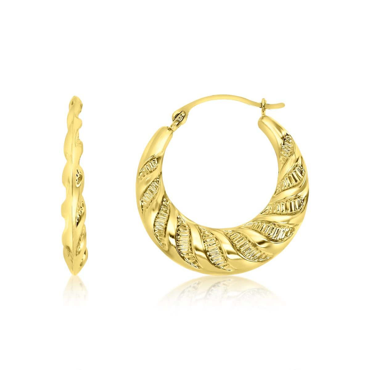 14K Yellow Gold 21X2.5MM Leaf Textured Hoop Earring
