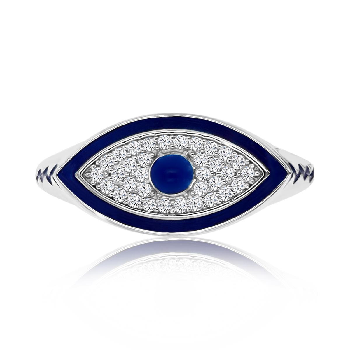 Sterling Silver Rhodium 17X9MM Polished White CZ & Blue Enamel Evil Eye Ring