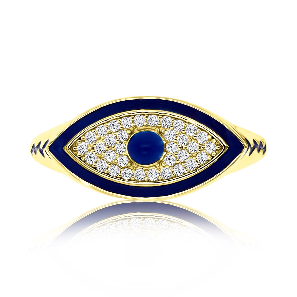 Sterling Silver Yellow 17X9MM Polished White CZ & Blue Enamel Evil Eye Ring