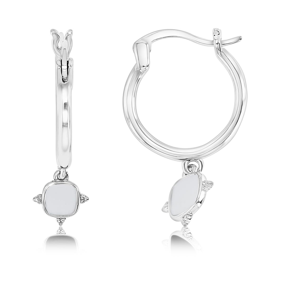 Sterling Silver Rhodium 25X8MM Polished White Enamel Square Dangling Hoop Earring