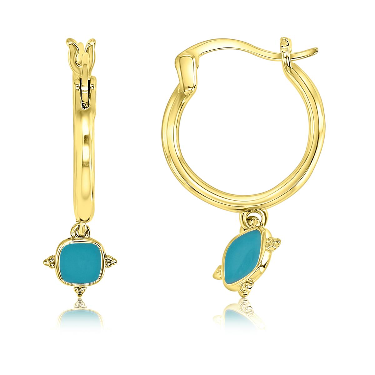 Sterling Silver Yellow 25X8MM Polished Teal Enamel Square Dangling Hoop Earring