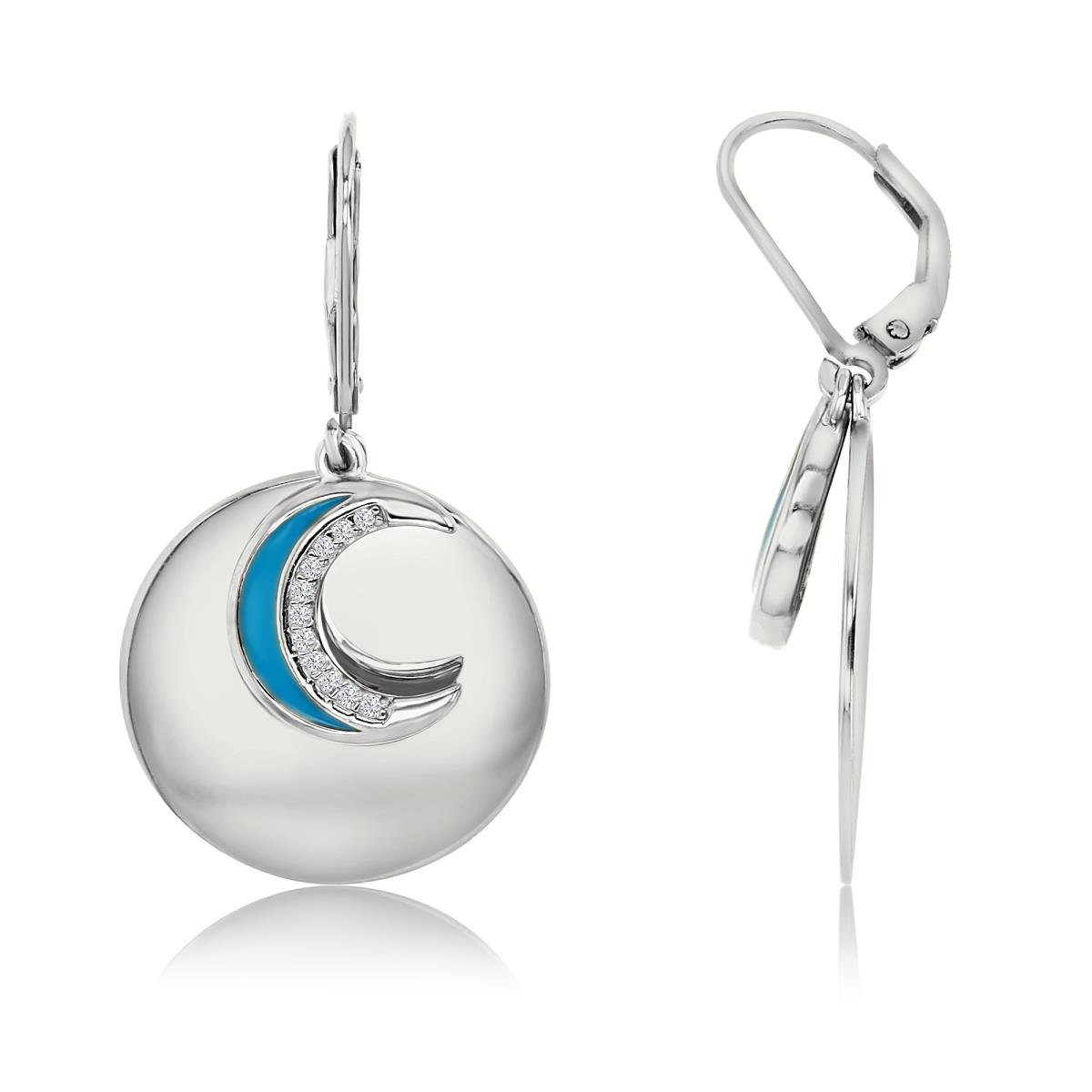 Sterling Silver Rhodium 37X20MM White CZ & Teal Enamel Crescent Moon Dangling Leverback Earring
