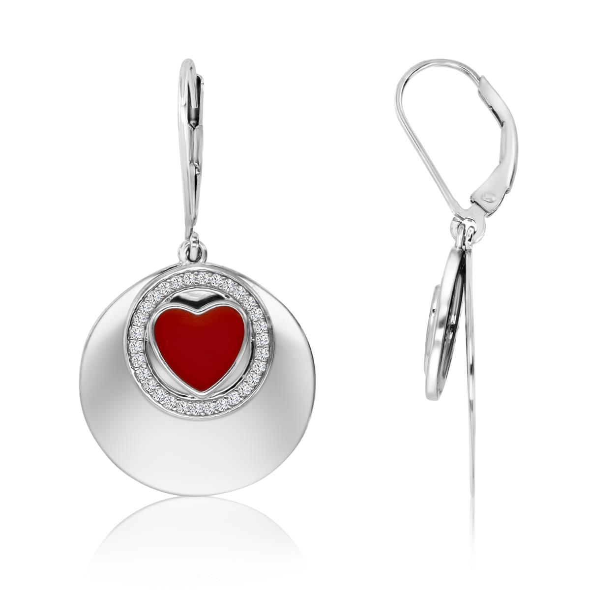 Sterling Silver Rhodium 36X20MM Polished White CZ & Red Enamel Heart Dangling Leverback Earring