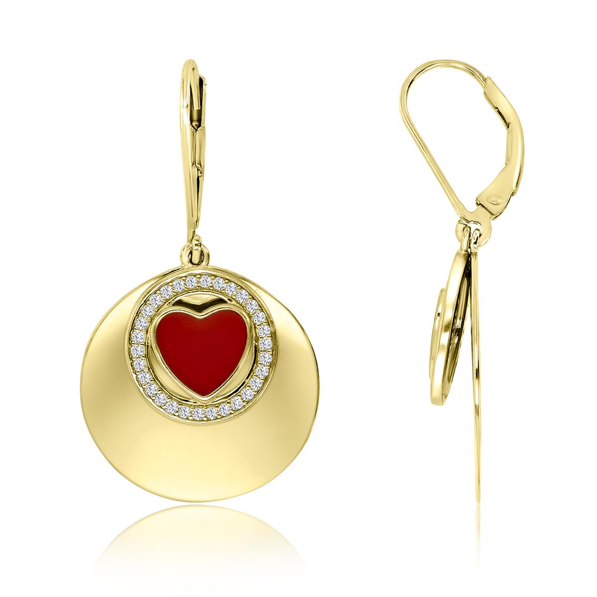 Sterling Silver Yellow 36X20MM Polished White CZ & Red Enamel Heart Dangling Leverback Earring