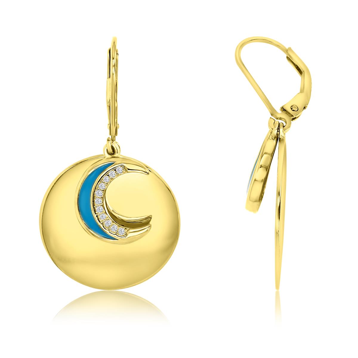 Sterling Silver Yellow 1M 37X20MM White CZ & Teal Enamel Crescent Moon Dangling Leverback Earring