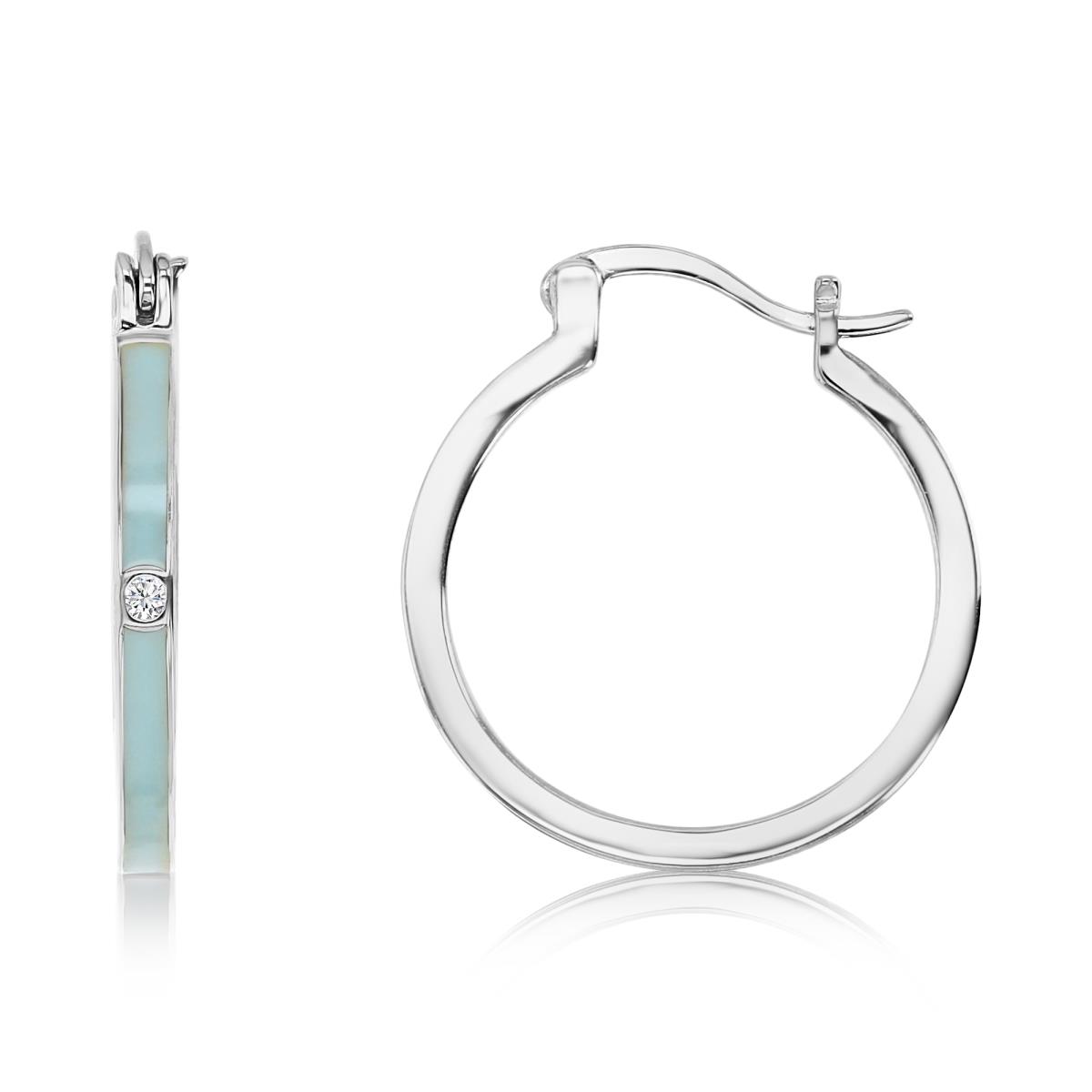 Sterling Silver Rhodium 21X2MM White CZ & Teal Enamel Hoop Earring