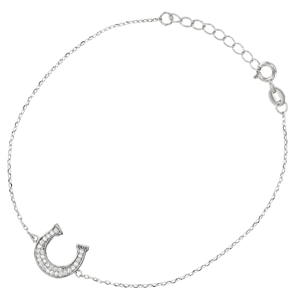 Sterling Silver Rhodium 12MM Polished White CZ Lucky Horse Shoe 7+1'' Bracelet
