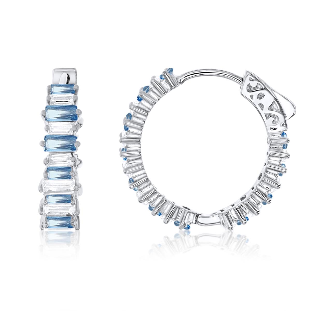 Sterling Silver Rhodium 5MM Polished CR Sapphire & White CZ Baguette Hoop Earring