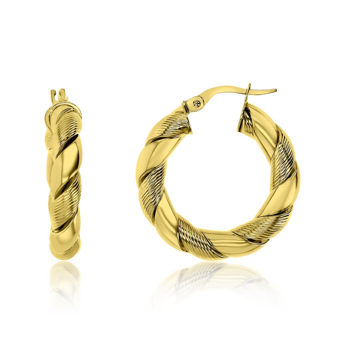 14K Gold Yellow Polished & Texture Twisted Hoop Earring