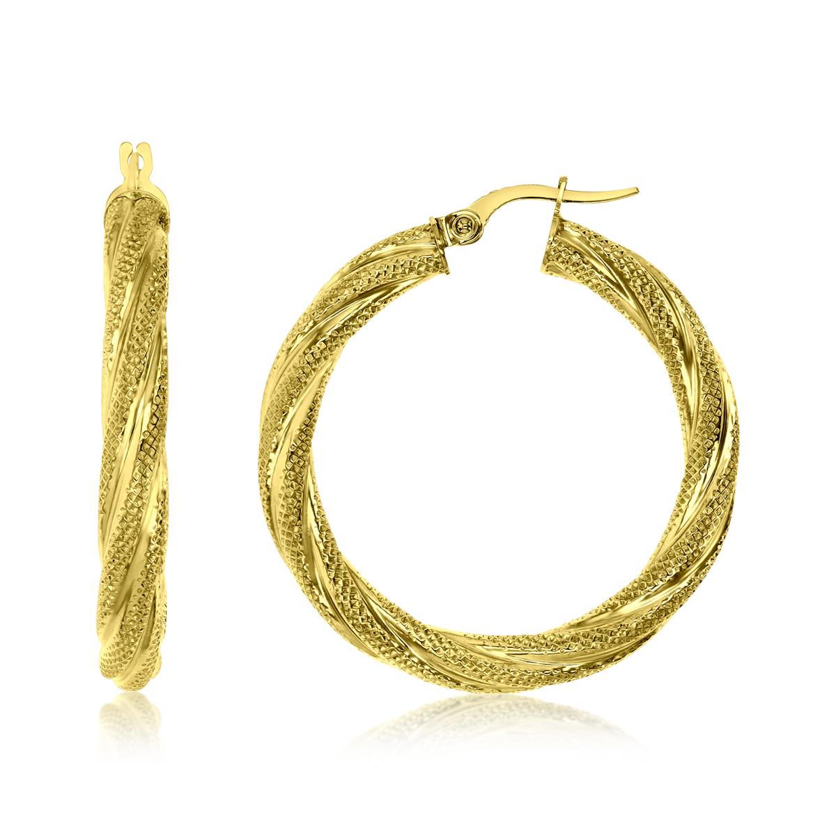 14K Gold Yellow 33X4MM Polished & Texture Twisted Hoop Earring