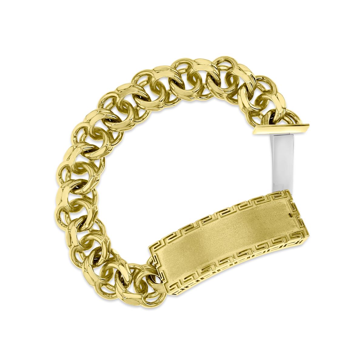14K Gold Yellow 20MM Satin Greek Key Charm ID Bracelet