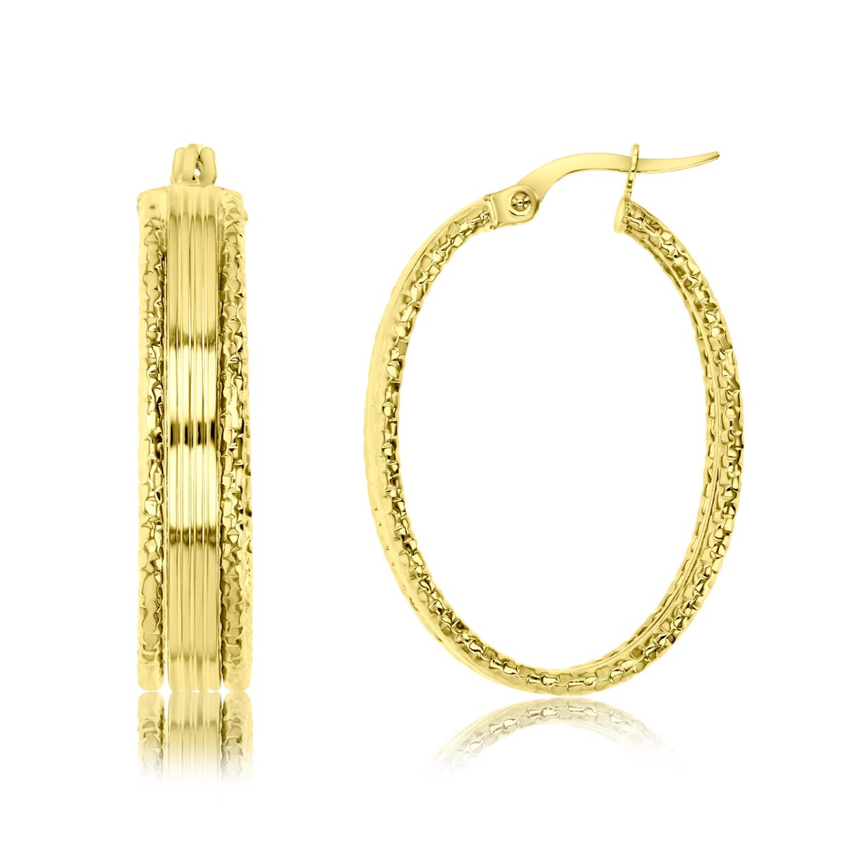 14K Gold Yellow Oval Ribbed Hoop Earring