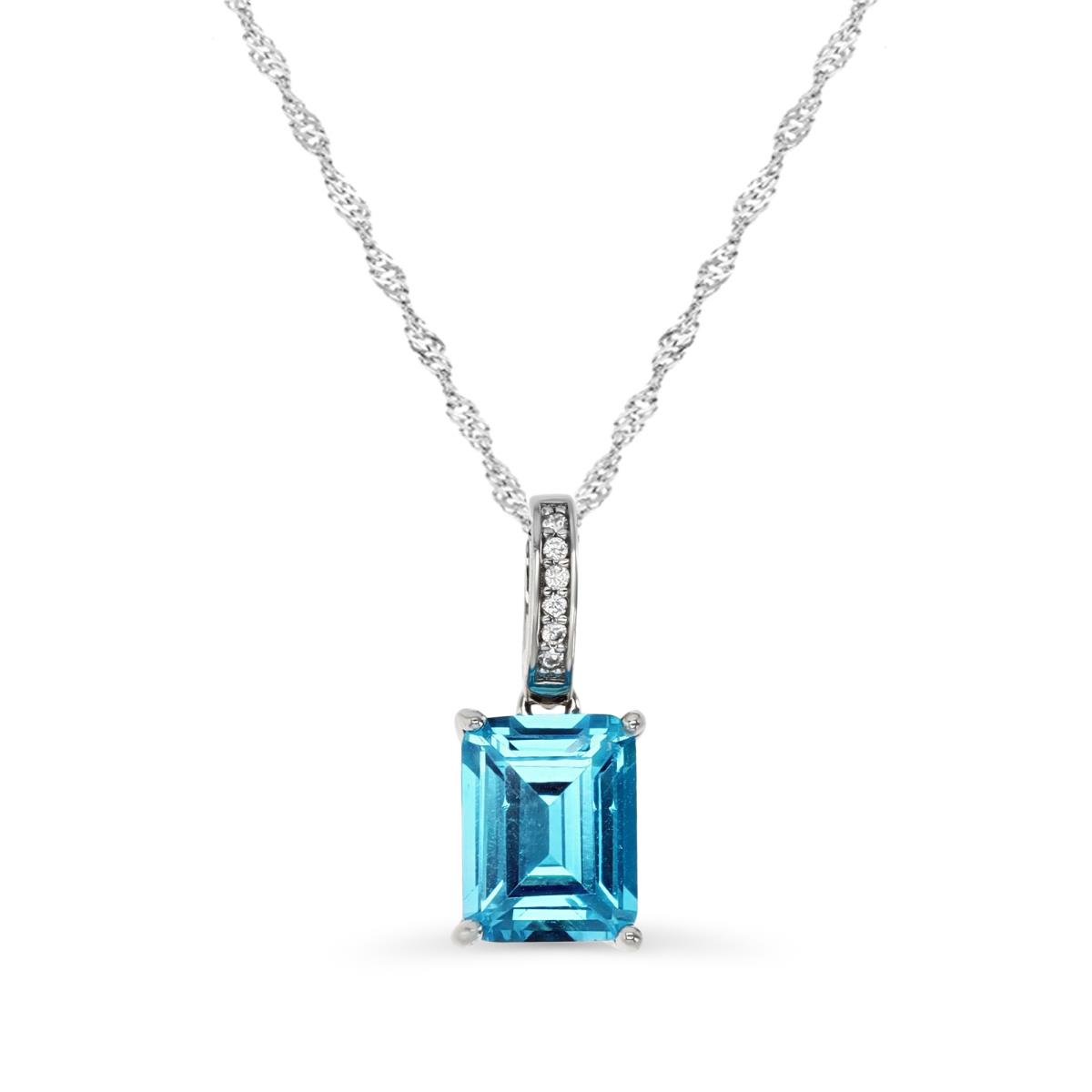 Sterling Silver Rhodium 12X7MM Polished  Swiss Blue & White CZ Emerald Cut 18+2''Singapore Necklace