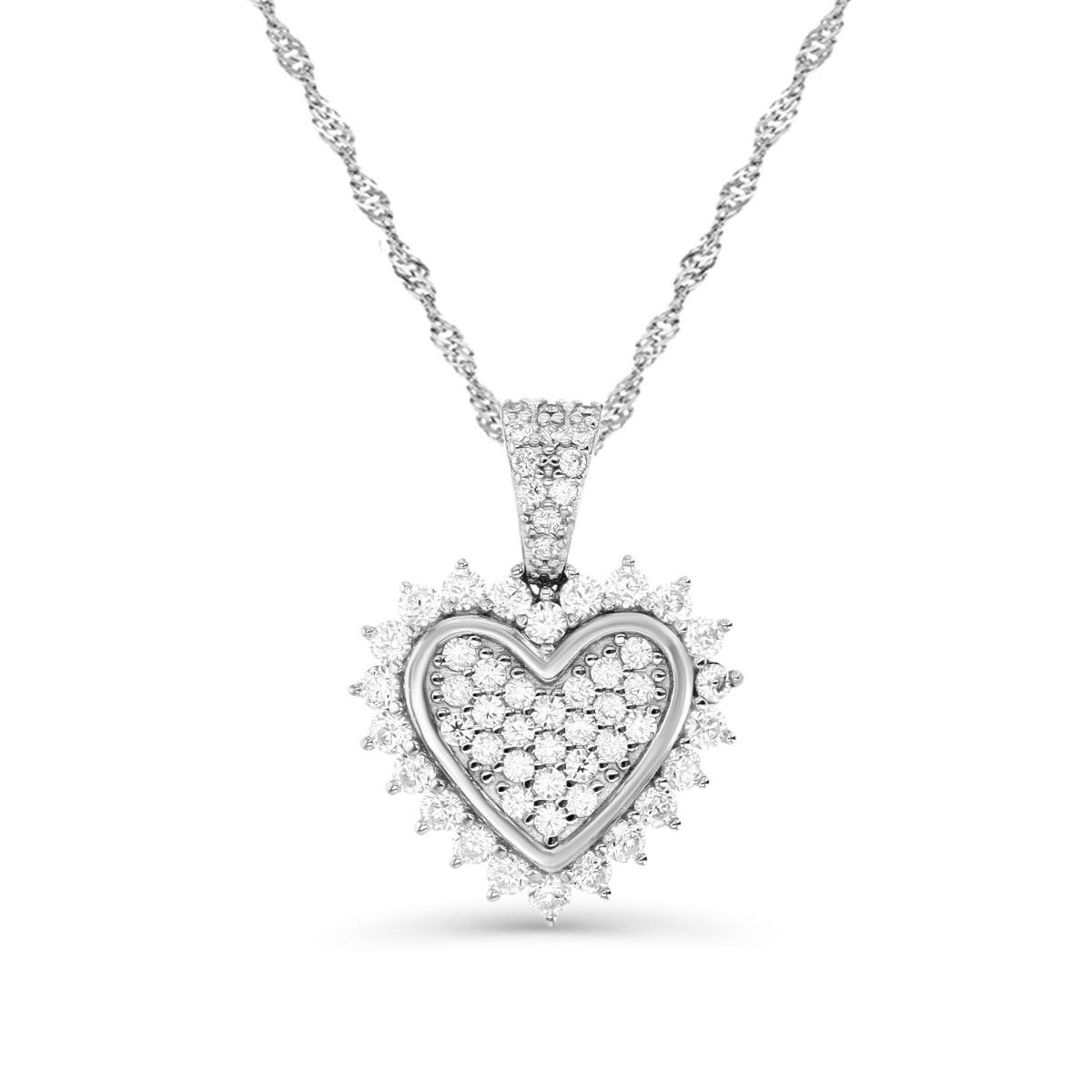 Sterling Silver Rhodium 21MM Polished White CZ Pave Heart 18+2'' Singapore Necklace