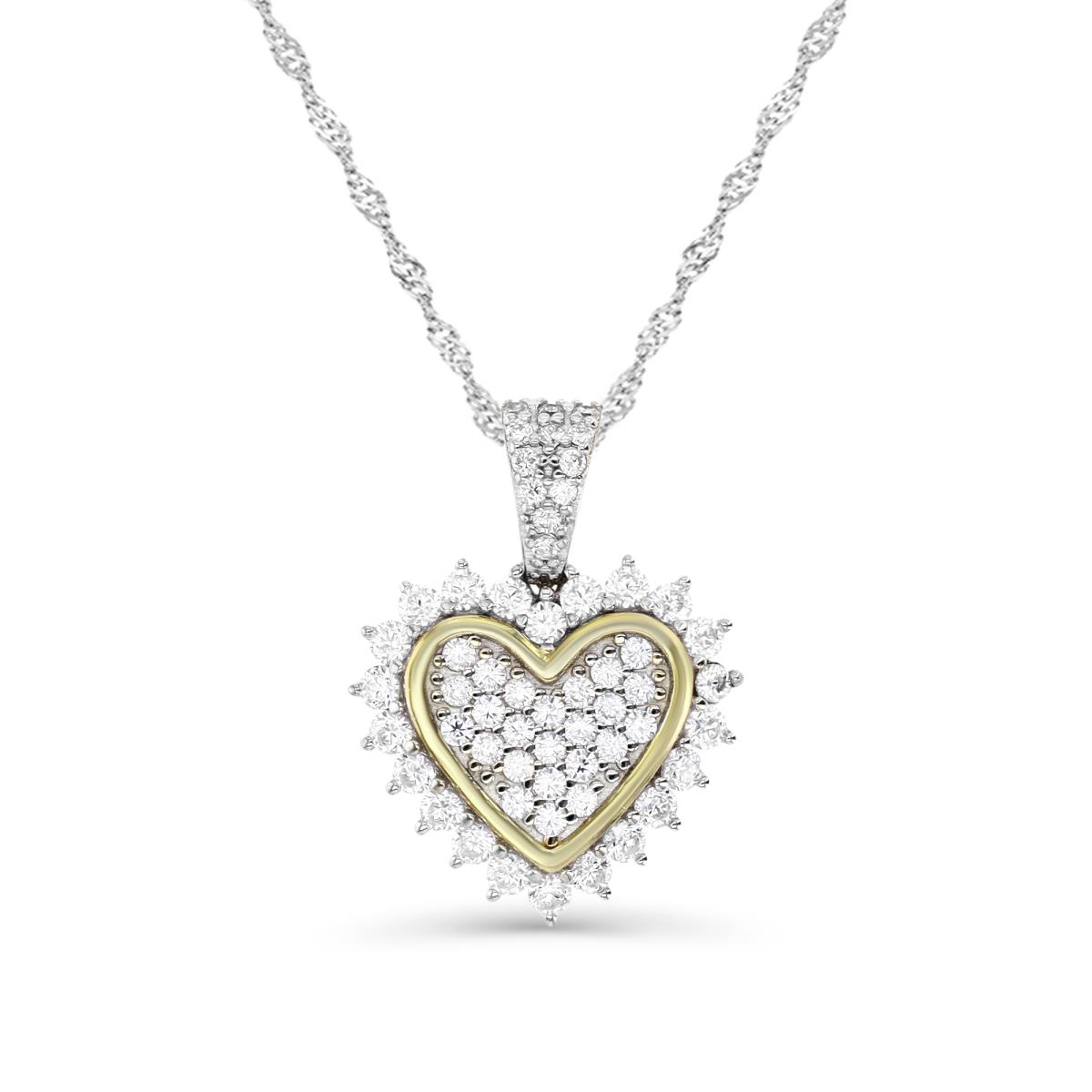 Sterling Silver Rhodium 21MM Polished White CZ Pave Heart 18+2'' Singapore Necklace