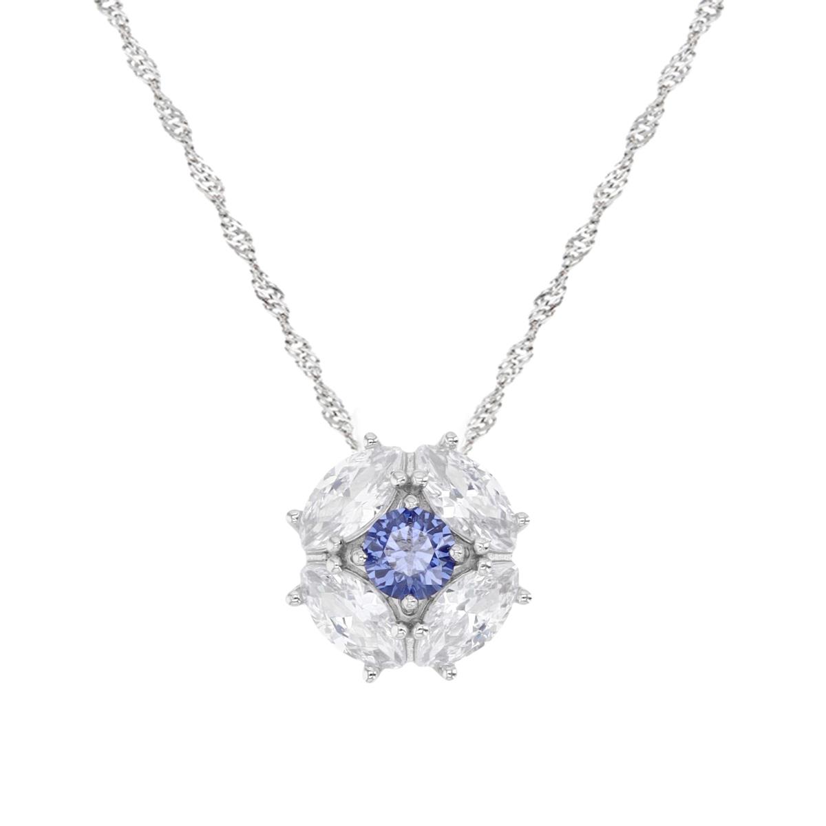Sterling Silver Rhodium 11MM Polished Tanzanite & White CZ Round & Marquise Cluster 18+2'' Singapore Necklace
