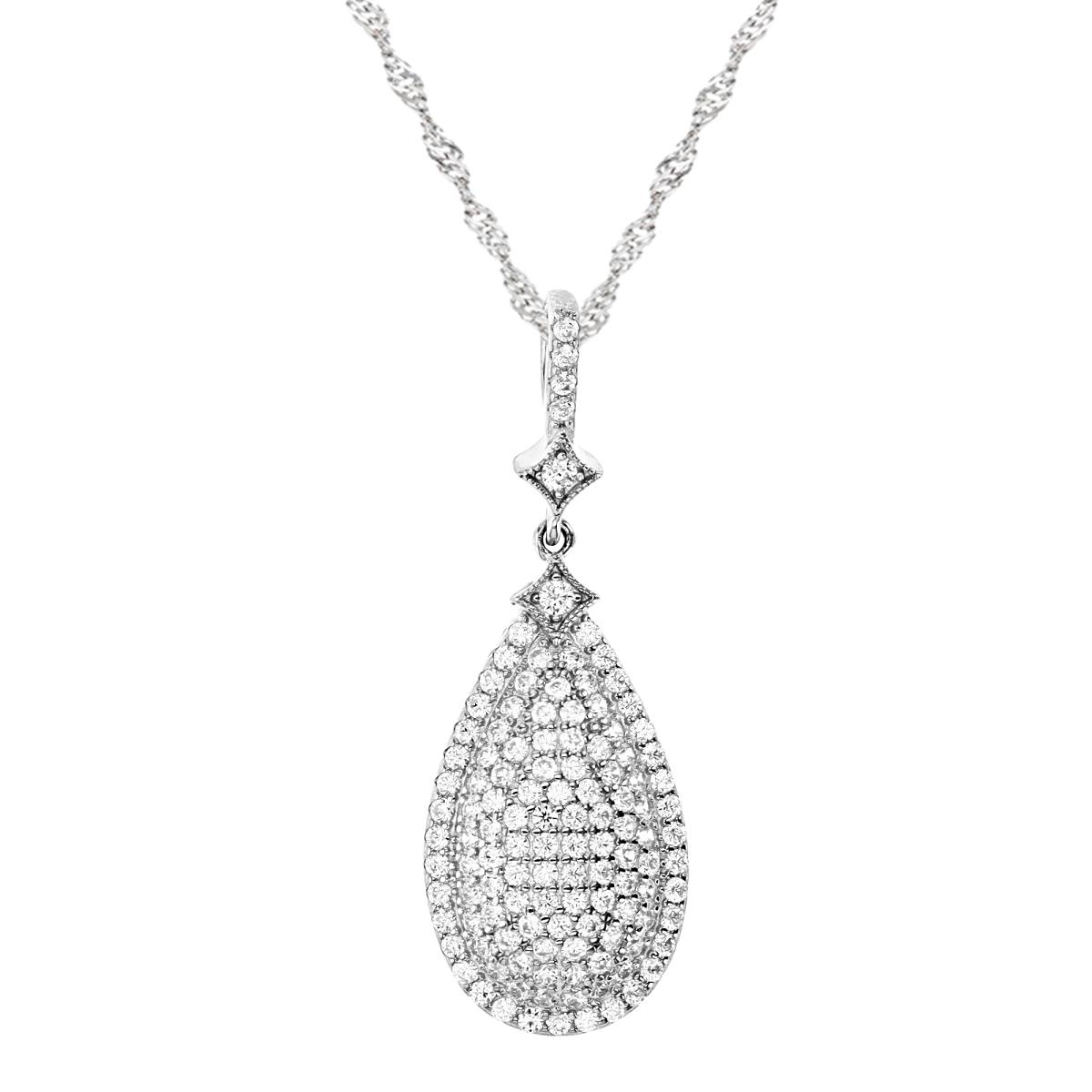 Sterling Silver Rhodium 38MM Polished White CZ Pave Tear Drop 18+2'' Singapore Necklace