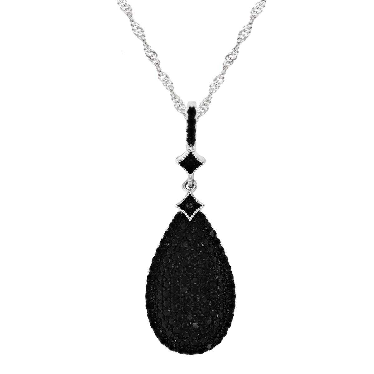 Sterling Silver Rhodium 38MM Polished Black Spinel Pave Tear Drop 18+2'' Singapore Necklace