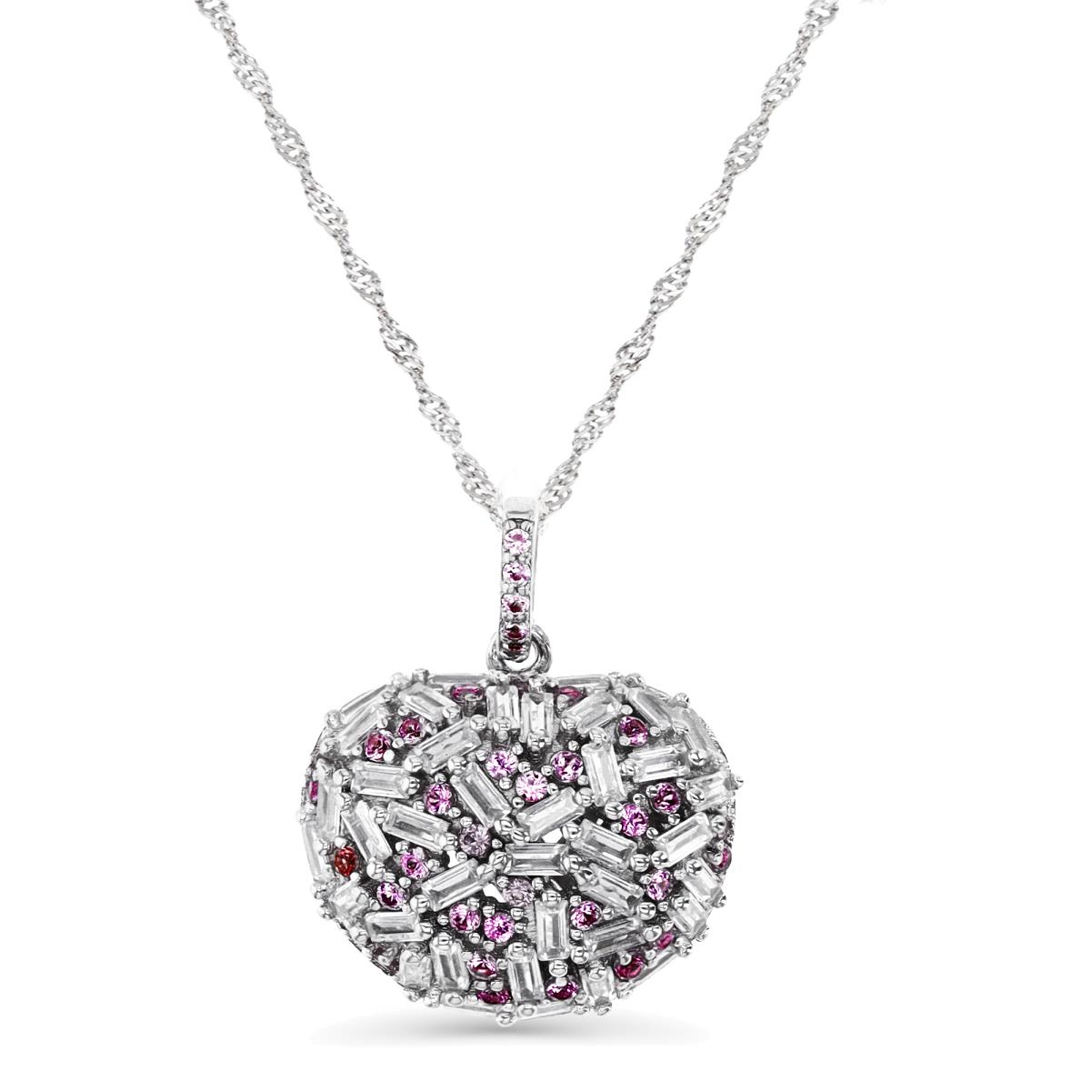 Sterling Silver Rhodium 21MM Polished Ruby & White CZ Baguette Brush Strokes Heart 18+2''Necklace