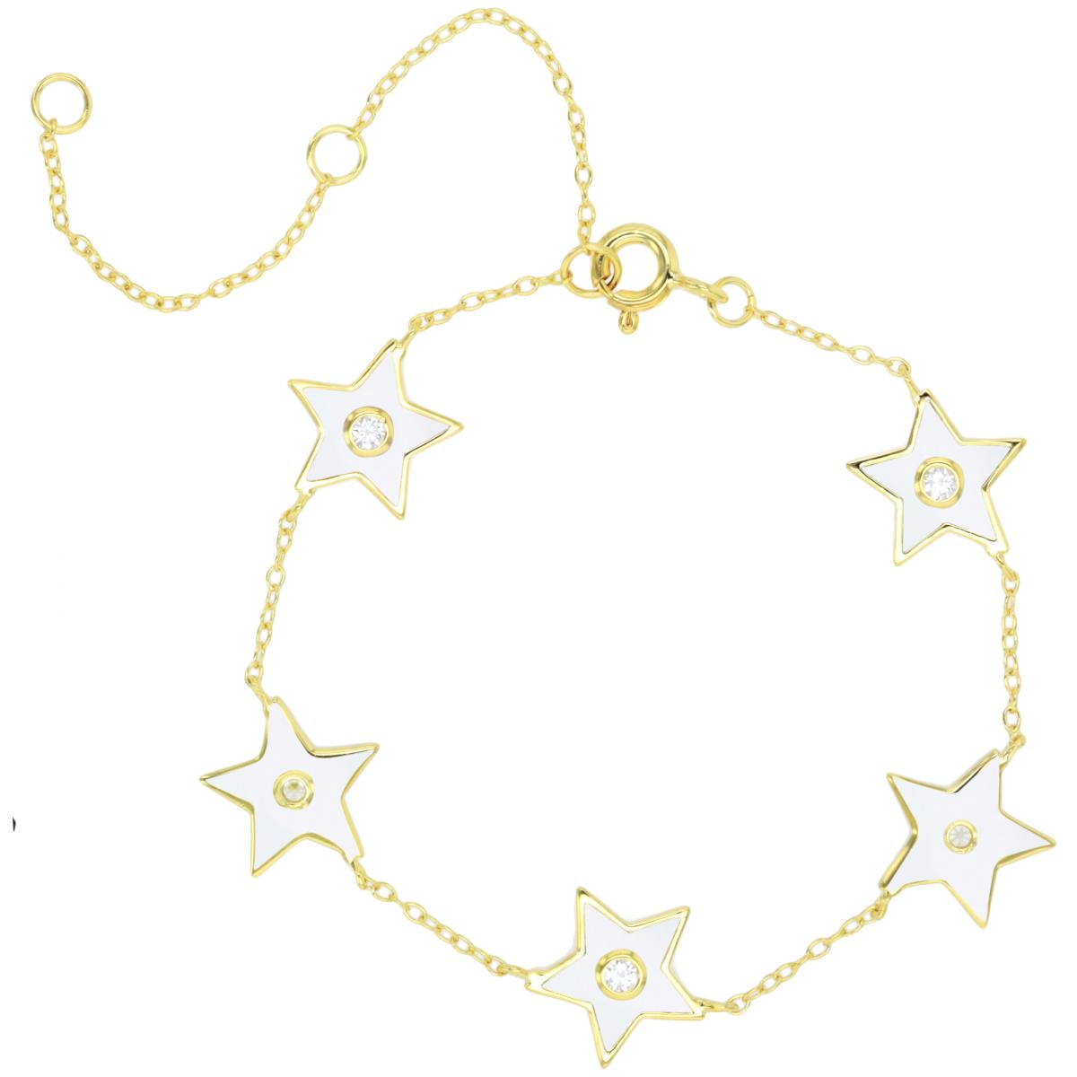 Sterling Silver Yellow 10MM Star White CZ & Pink, Blue, & White Enamel 5+1+1" Bracelet
