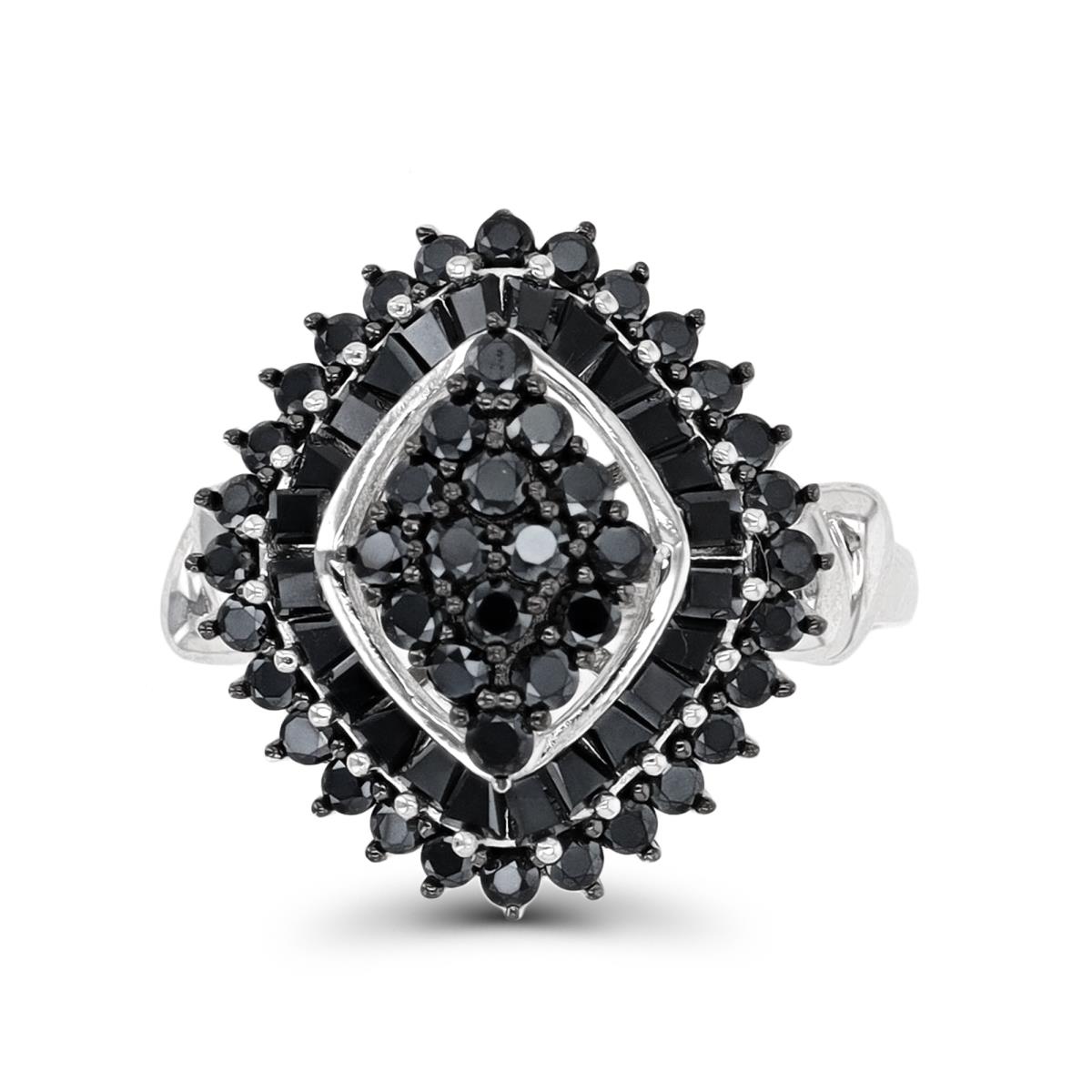 Sterling Silver Rhodium Round/Baguette Black Spinel Paved Fashion Ring