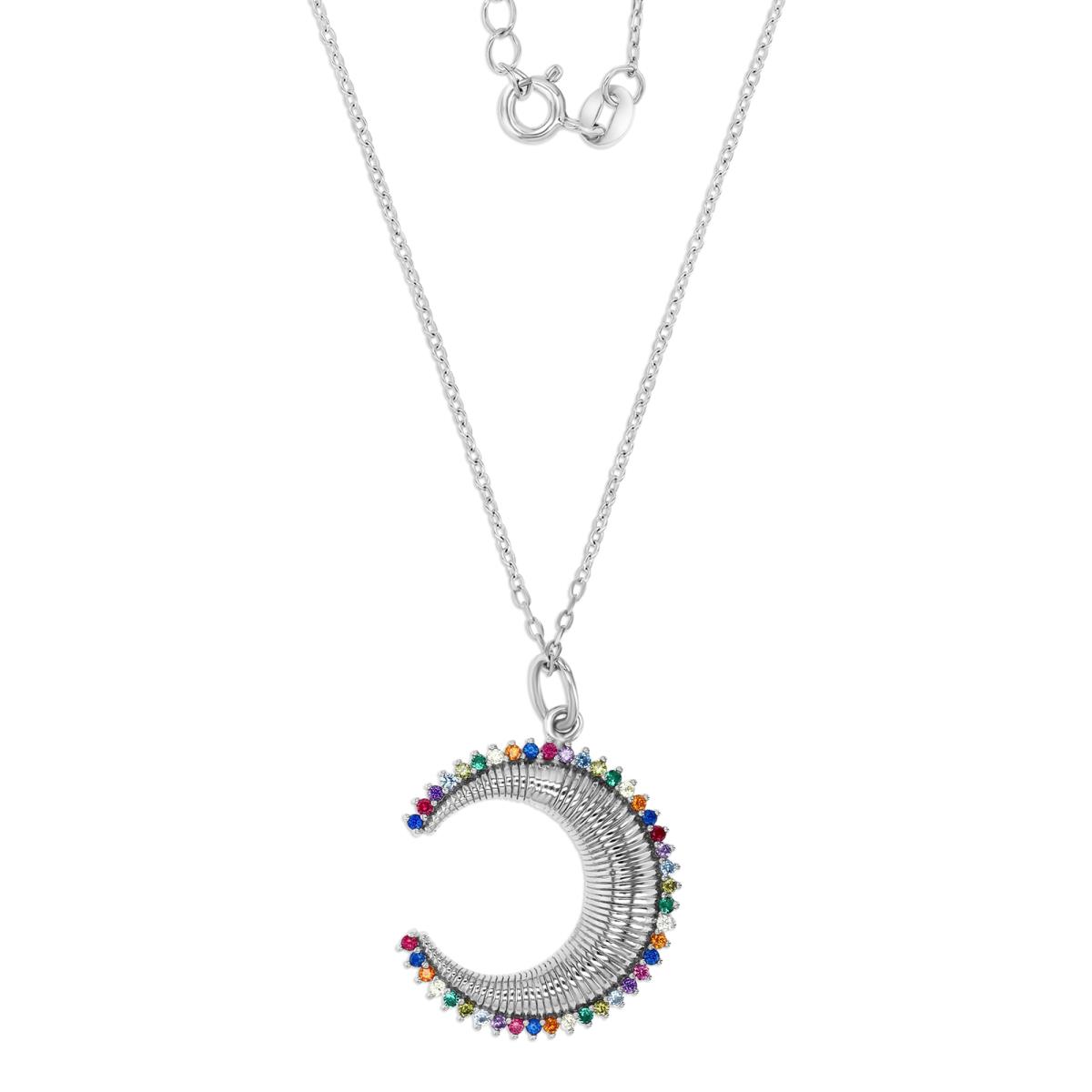 Sterling Silver Rhodium 26X19MM Polished Multi CZ Crescent Moon 16+2'' Necklace