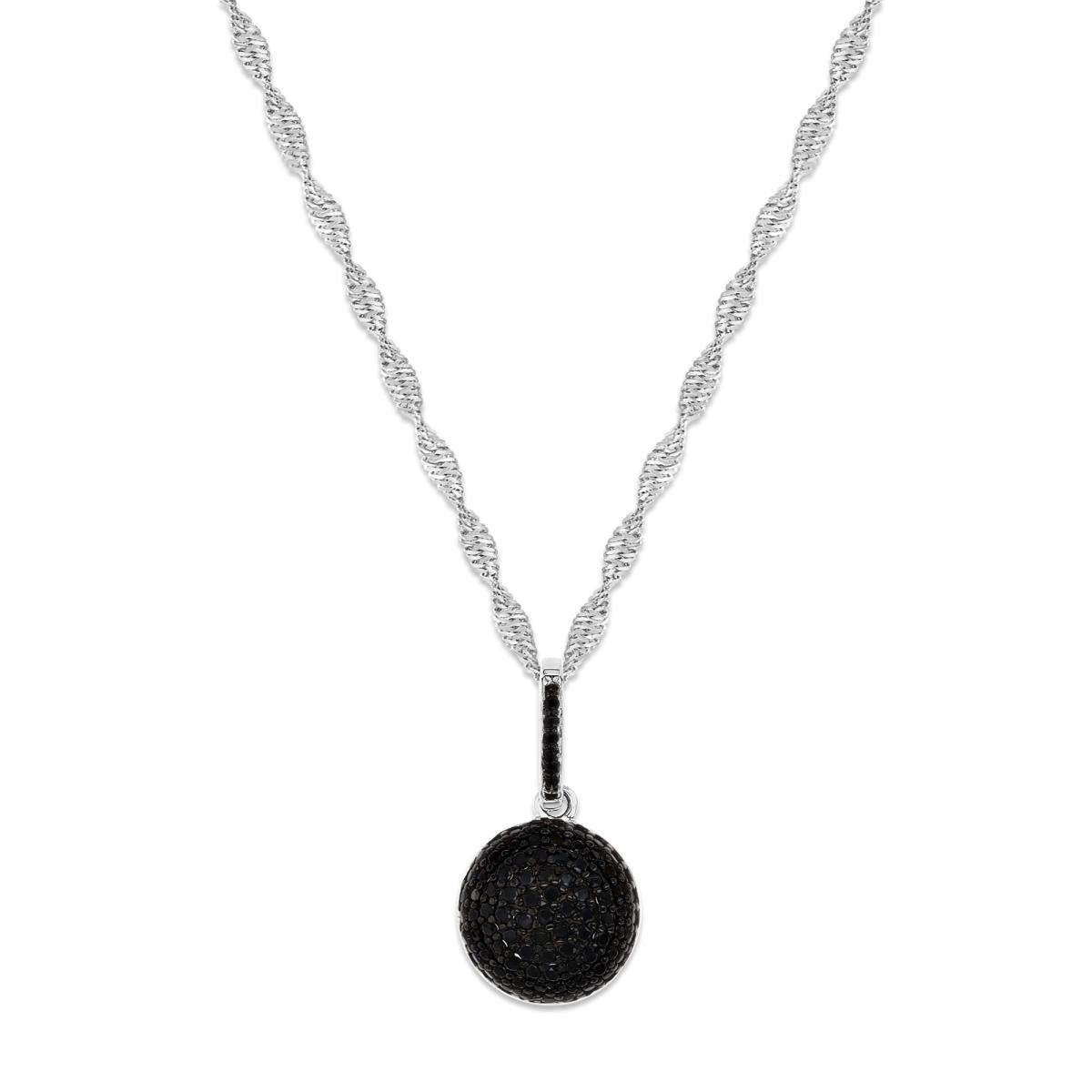 Sterling Silver Rhodium 12X10MM Polished Black Spinel Round Pave 18+2'' Singapre Necklace