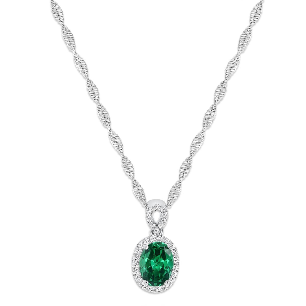 Sterling Silver Rhodium 16MM Polished Green & White CZ Oval 18+2'' Singapore Necklace