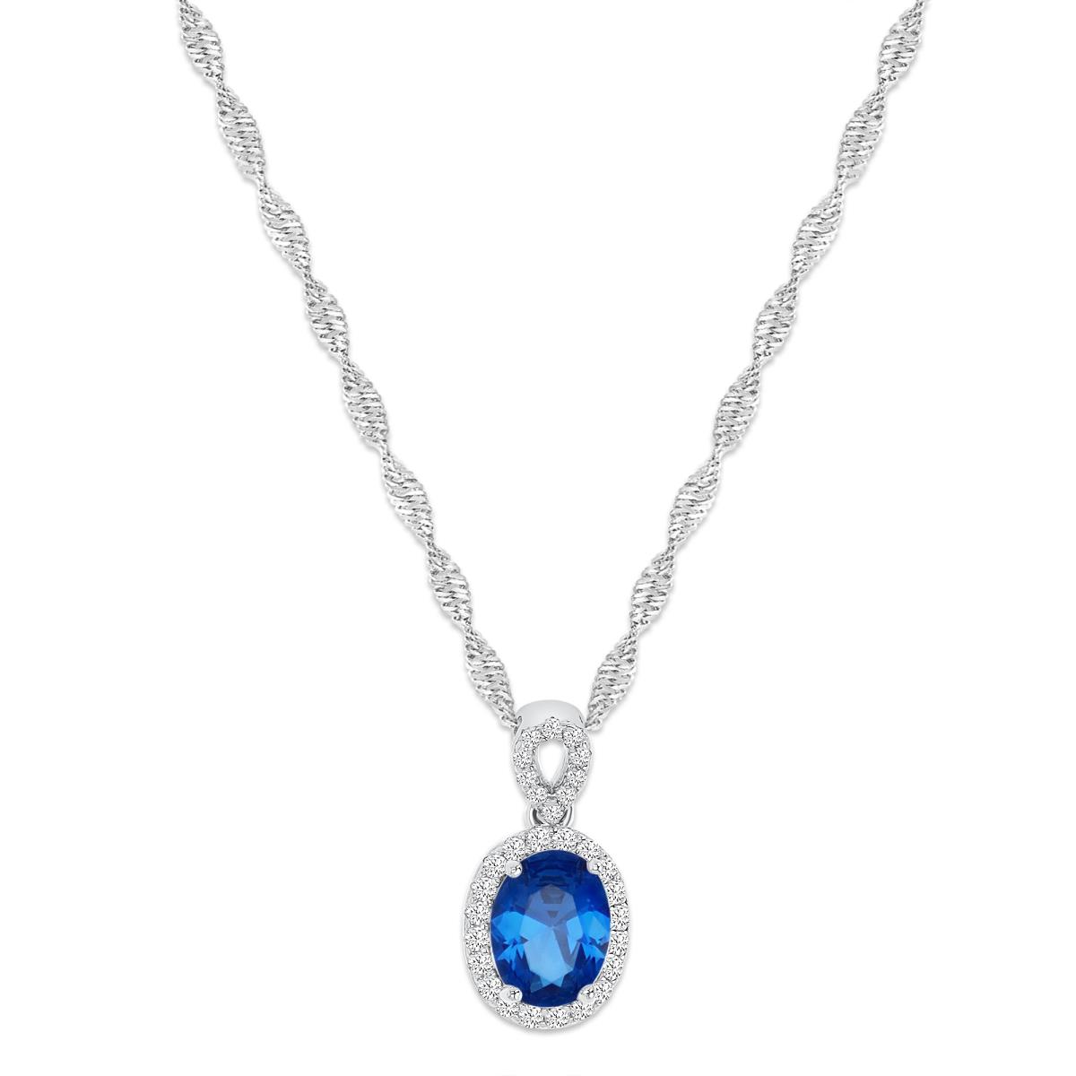 Sterling Silver Rhodium 16MM Polished Sapphire & White CZ Oval 18+2'' Singapore Necklace