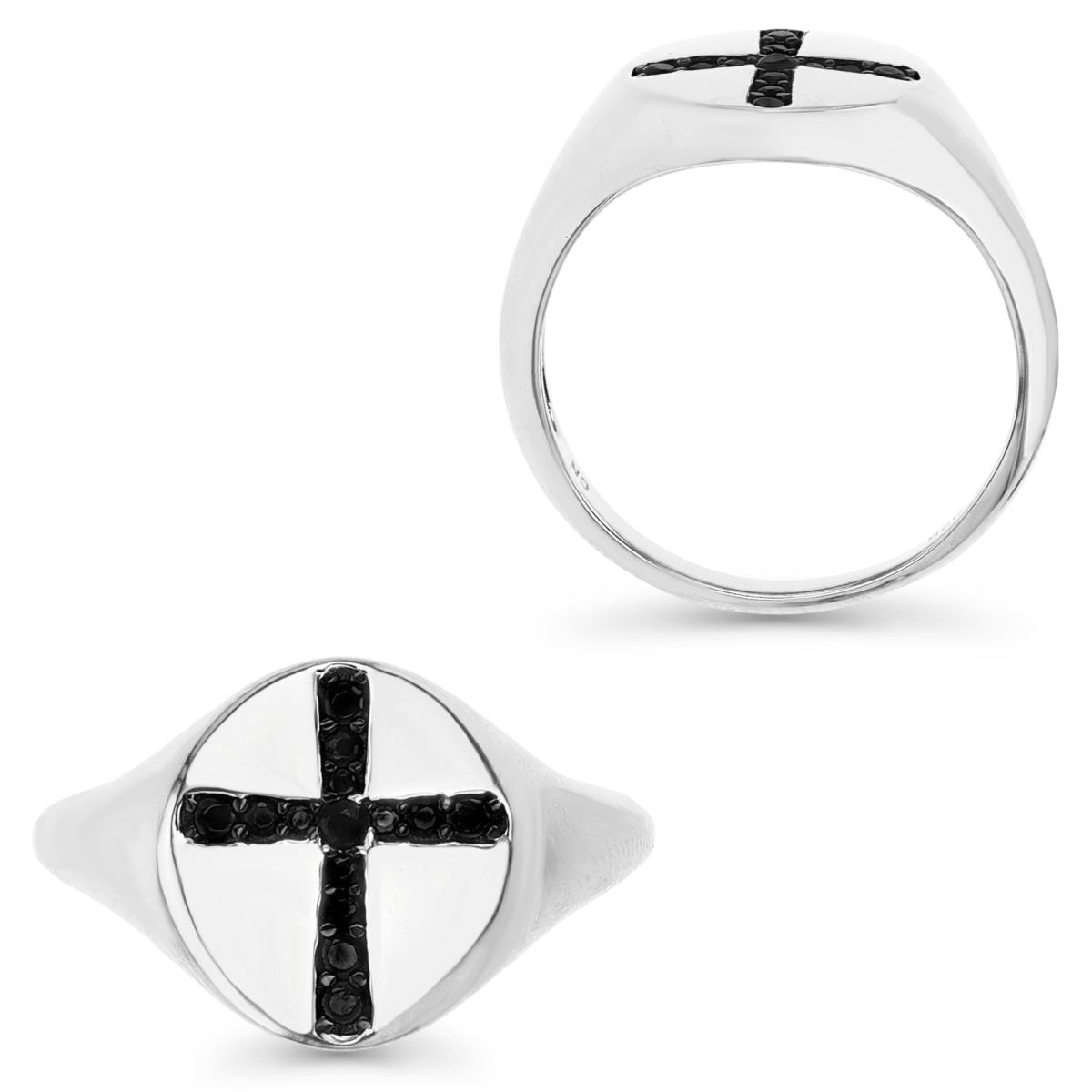 Sterling Silver Rhodium 13MM Polished Black Spinel Pave Cross Signet Ring