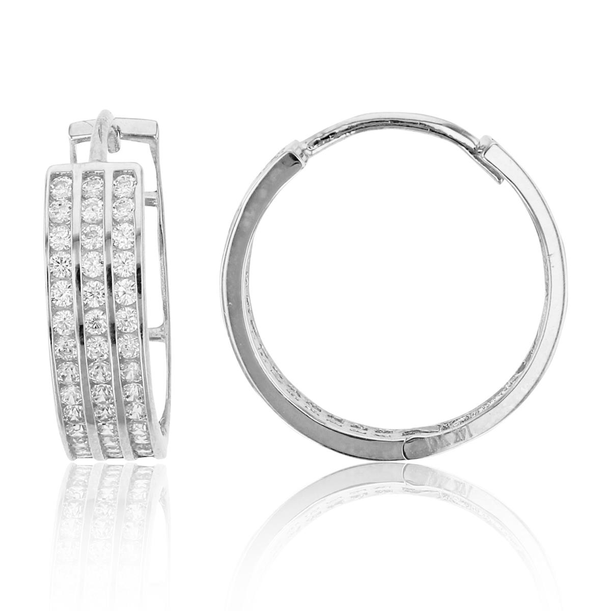 14K White Gold Round CZ 3-Rows16.5X5mm Hoop Earring
