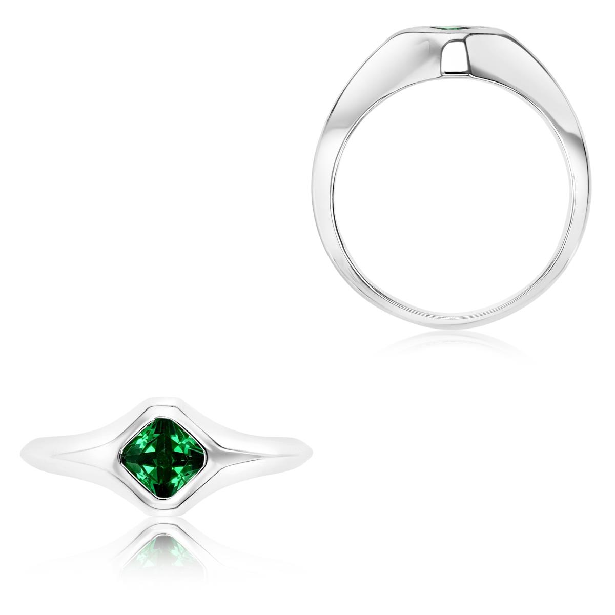 Sterling Silver Rhodium 5MM Polished Green CZ Princess Cut Solitaire Signet Ring