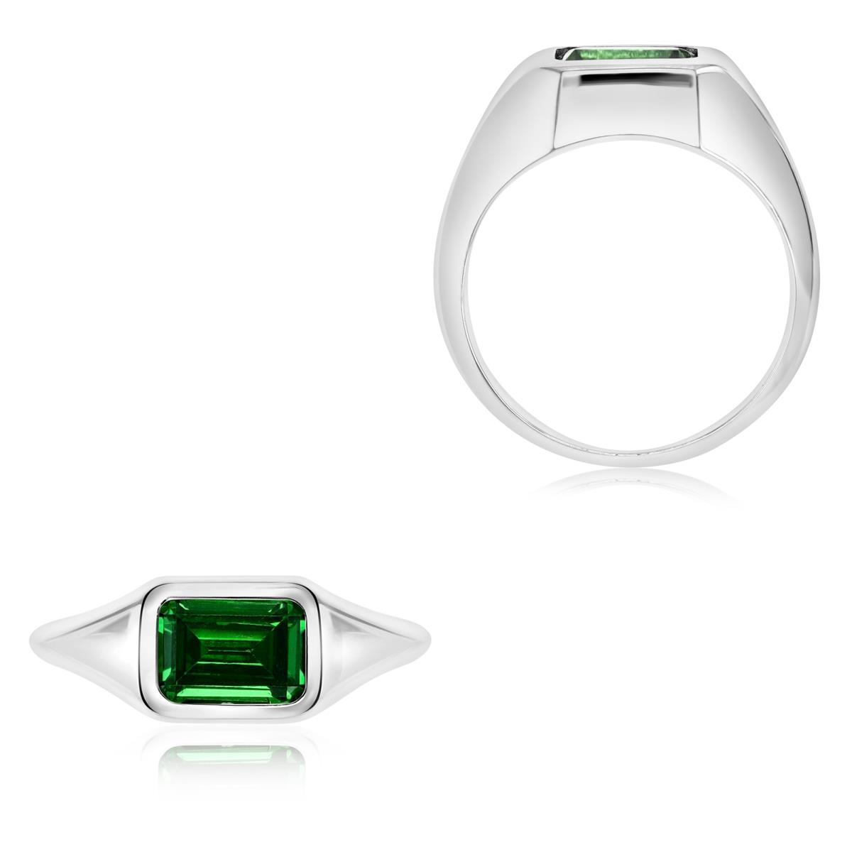 Sterling Silver Rhodium 8X6MM Polished Green CZ Emerald Cut Solitaire Signet Ring
