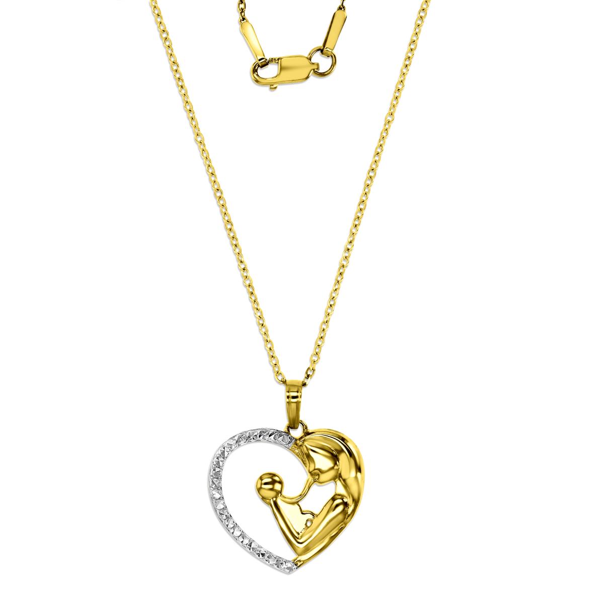 10K Yellow & White Gold 18mm Dangling Heart Polished & Diamond Cut 18" Necklace