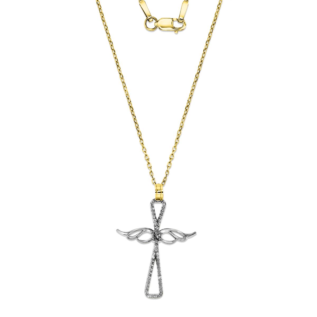 14K Yellow & White Gold 25mm Angel Wing Cross Polished & Diamond Cut 18" Necklace