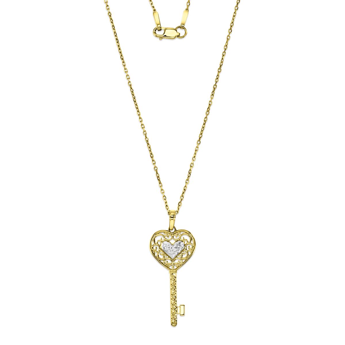 10K Yellow & White Gold 30mm Heart Key Polished & Diamond Cut 18" Necklace