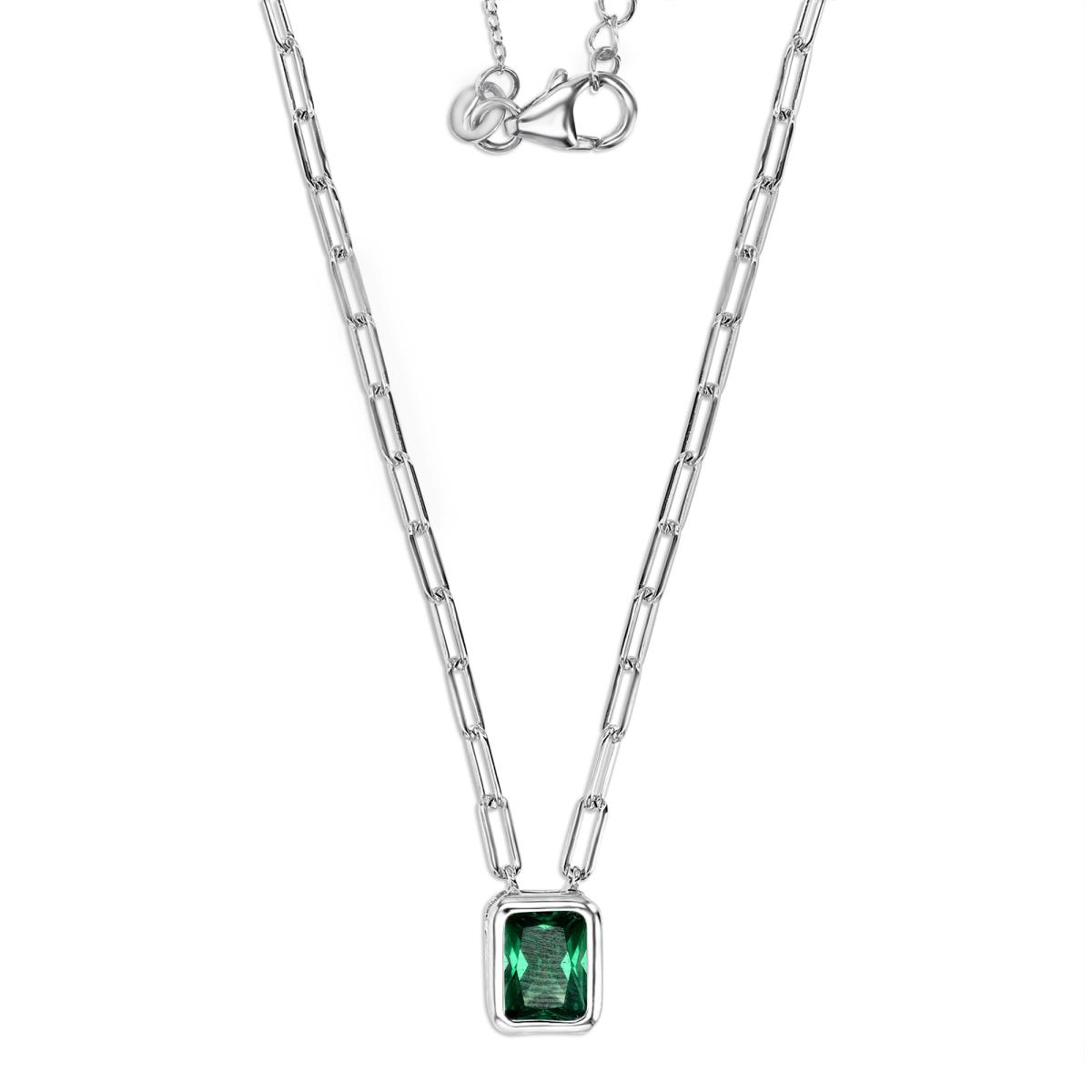Sterling Silver Rhodium 8X6MM Polished Green CZ Em Cut  Bezel 16+2'' Paperclip Necklace
