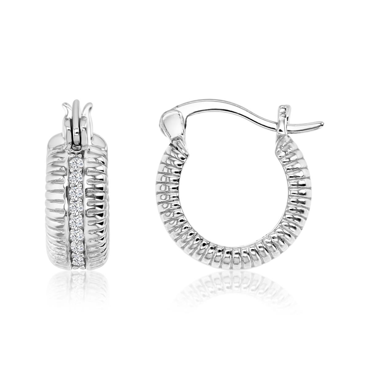 Sterling Silver Rhodium Polished White CZ Pave Ribbed Huggie Earring