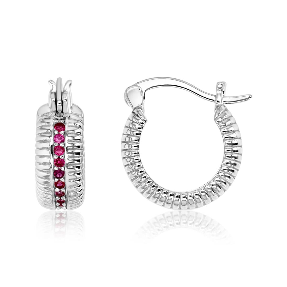 Sterling Silver Rhodium Polished Cr Ruby Pave Ribbed Huggie Earring