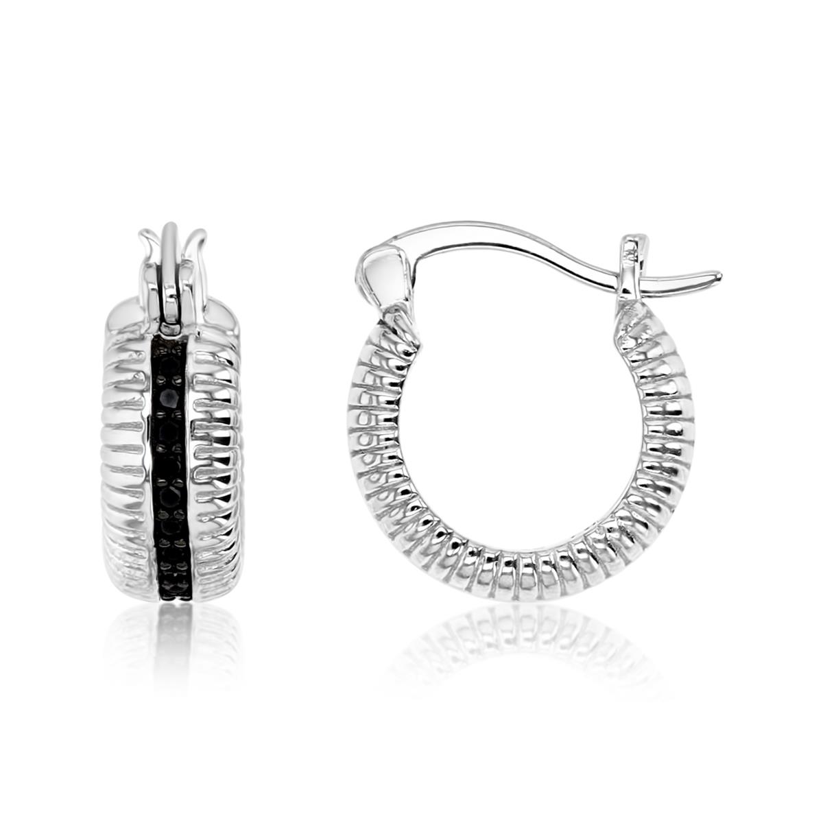 Sterling Silver Rhodium Polished Black Spinel Pave Ribbed Huggie Earring