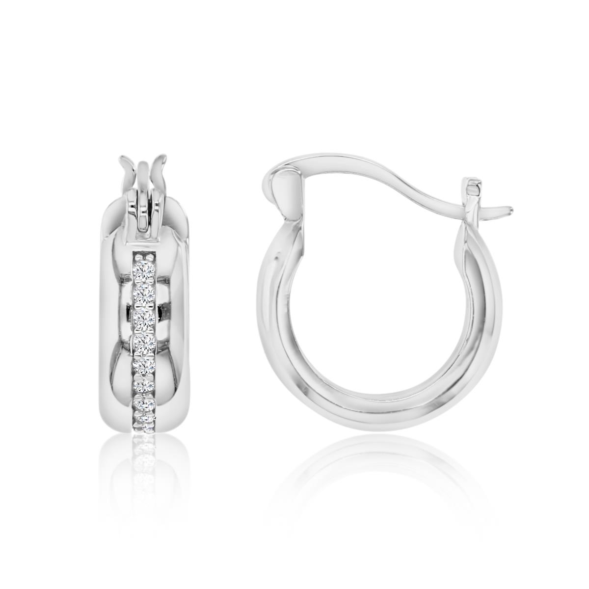 Sterling Silver Rhodium 14X4MM Polished White CZ Pave Huggie Earring