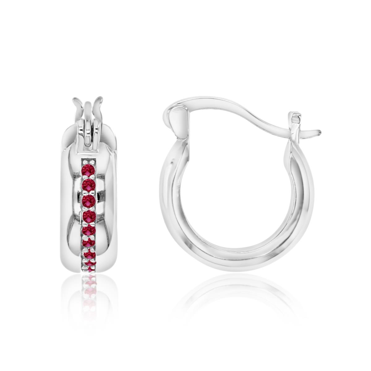 Sterling Silver Rhodium 14X4MM Polished Cr Ruby Pave Huggie Earring